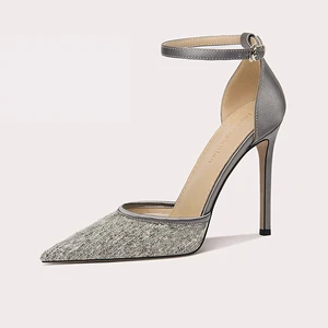 Lily Wei Elegant Office Stiletto Heels Gray Tweed Ankle Strap Pointed Toe Slim Heel Luxury Heels for Women