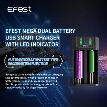 Efest Mega USB Battery Charger For AA AAA 18650 21700 Batteries Dual Slot Fast 1A NiMH Li-ION