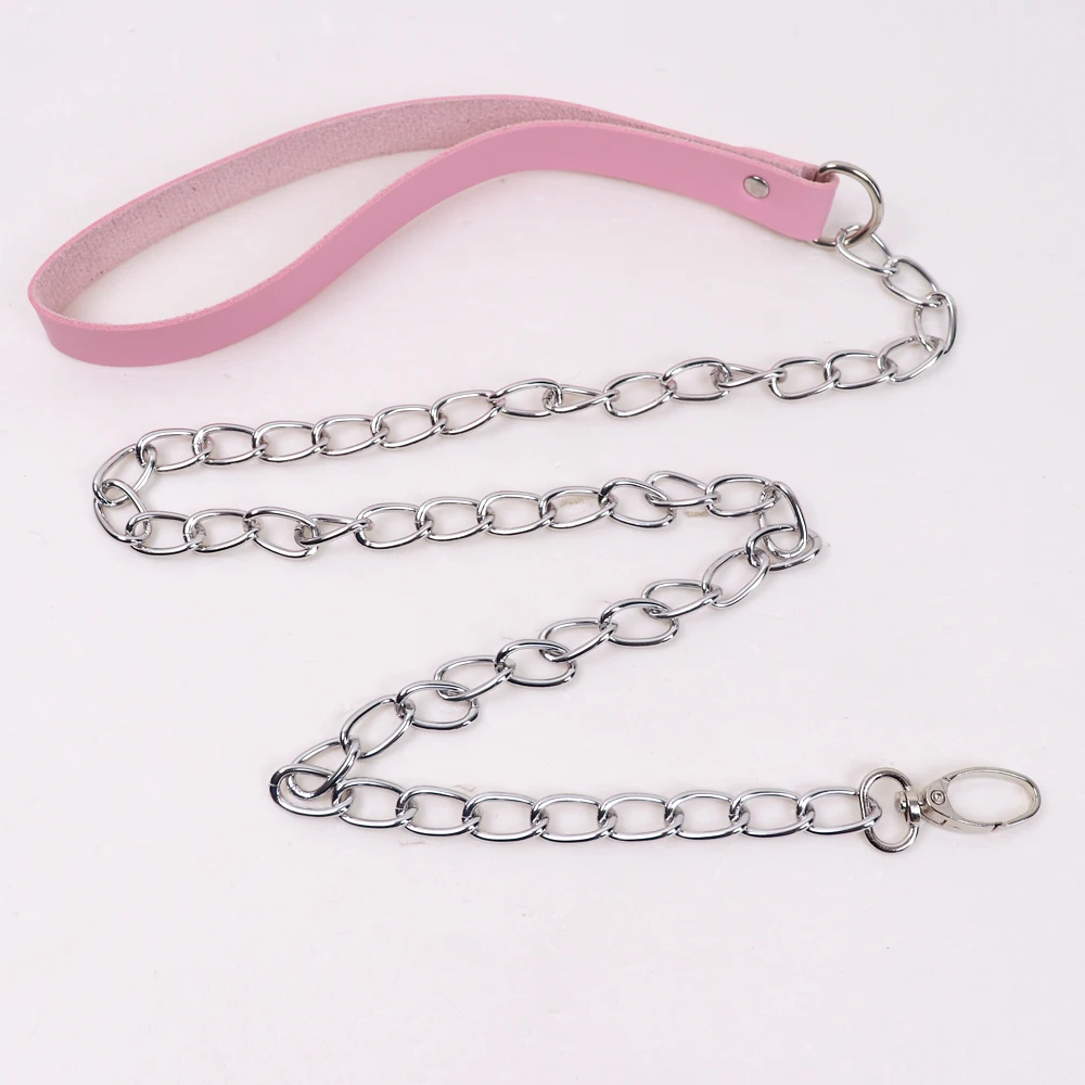 Sexy Women Pink PU Leather Bowknot Traction Rope Metal Link Chain