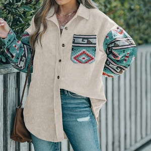 American Size Fall Lapel Collar Western Vintage Aztec Style Women Long Sleeve Shacket Jacket Ladies Coats