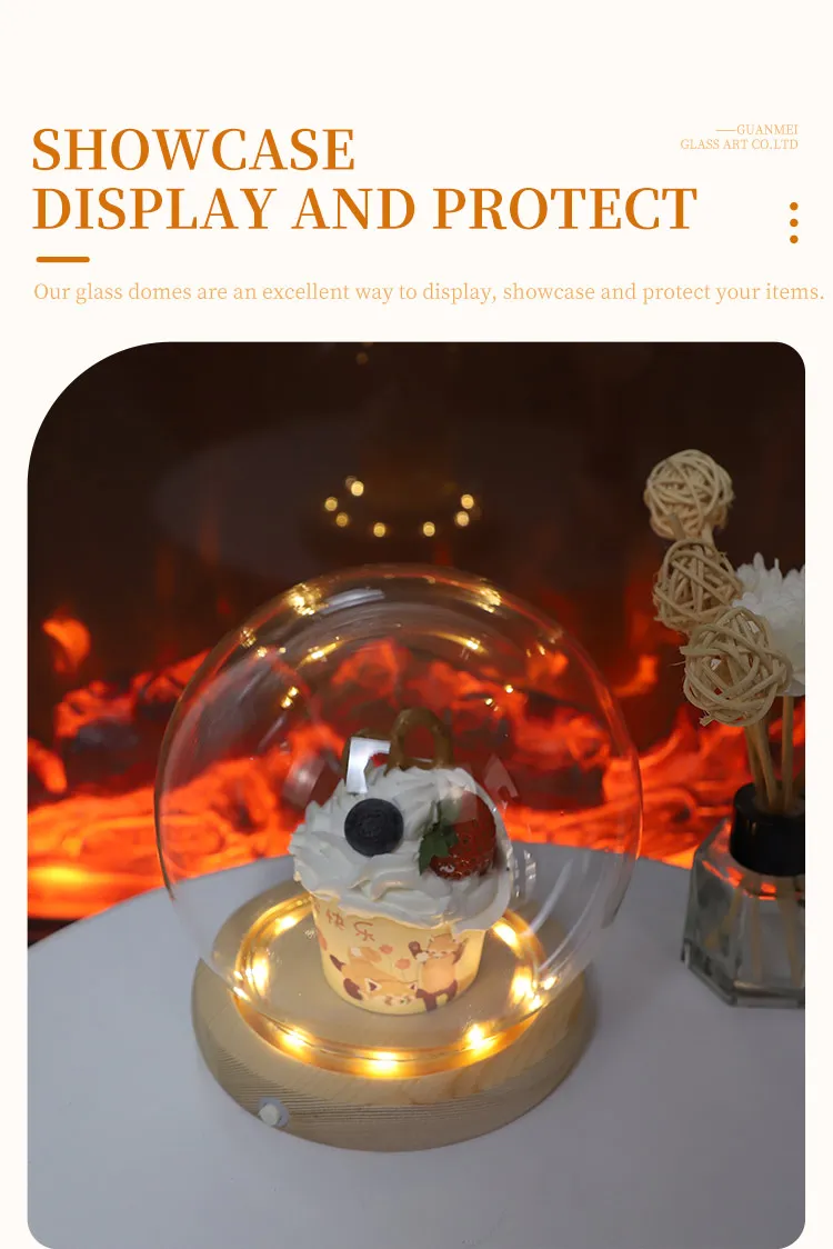 Handmade tabletop display round dome cloche with wooden led lights  Bell Jar Ornaments wholesale supplier