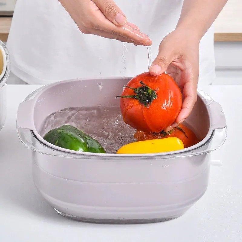 Light luxury PET transparent double drain basket Plastic vegetable basket household kitchen washing fruit and vegetable basket