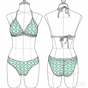 OEM Custom Women's Two-Piece Vintage Bikinis Green Floral Halter Bikini Retro Summer Beach Style New Trendy Swimwear Beachwear