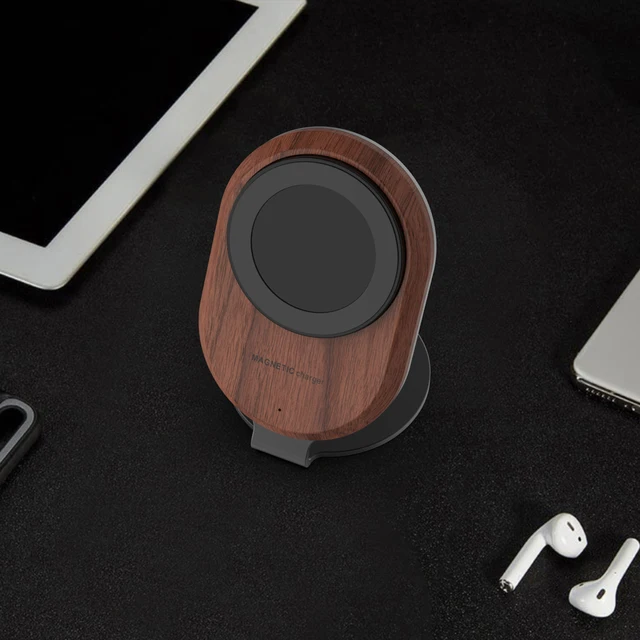15W Magnetic Wireless Phone Charger Station Stand Qi Fast Charging Strong Wooden Magnetic Wireless Charger for iPhone