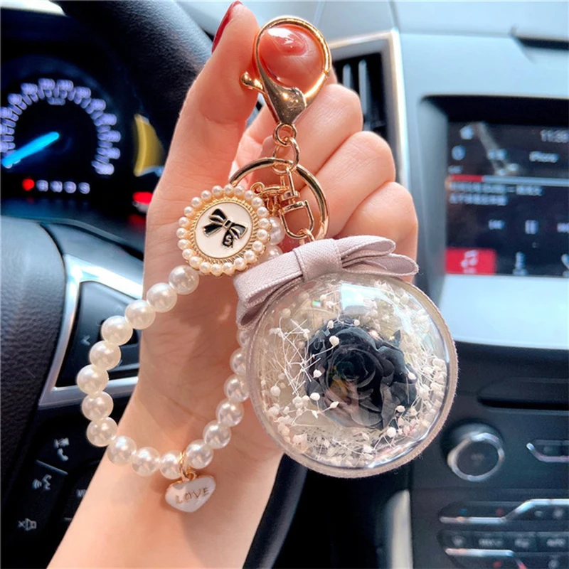 product factory wholesale preserved rose everlasting flower acrylic ball key chain for women girls car hanging valentines day gift-59