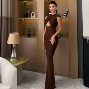 Elegant Brown Off Shoulder Evening Dresses Twist Cut Out Ruched Formal Party Maxi Outfit Women Solid Pleated Maxi Dress