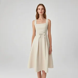 Women's Elegant Square Neck Sleeveless Midi Dress with Bow Waistband