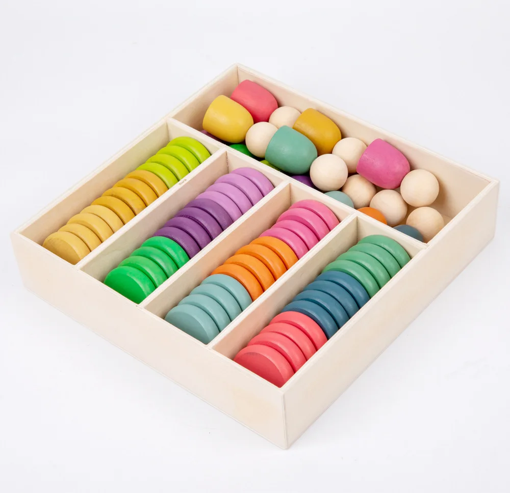 2023 New Design Logic Wooden Colorful Balls in Cups Montessori Toy Games Exercise Attention Patience for Children