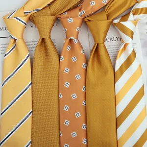 Men's Business Formal Dress Dinner Shirt with Yellow Stripes and Fine Diagonal Pattern Hand-tied Tie for Suit