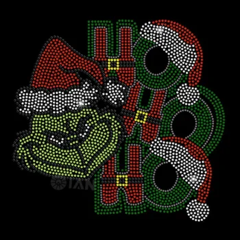 Ho Ho Ho Grinches Christmas Rhinestones Transfer Bling Motif Hotfix Merry Christmas Rhinestone Transfer For T-shirt