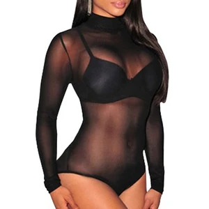 2026 Sexy Mesh See Through Bodysuit Women Long Sleeve Sheer Bodysuits See Through Romper High Neck Bodycon Jumpsuit