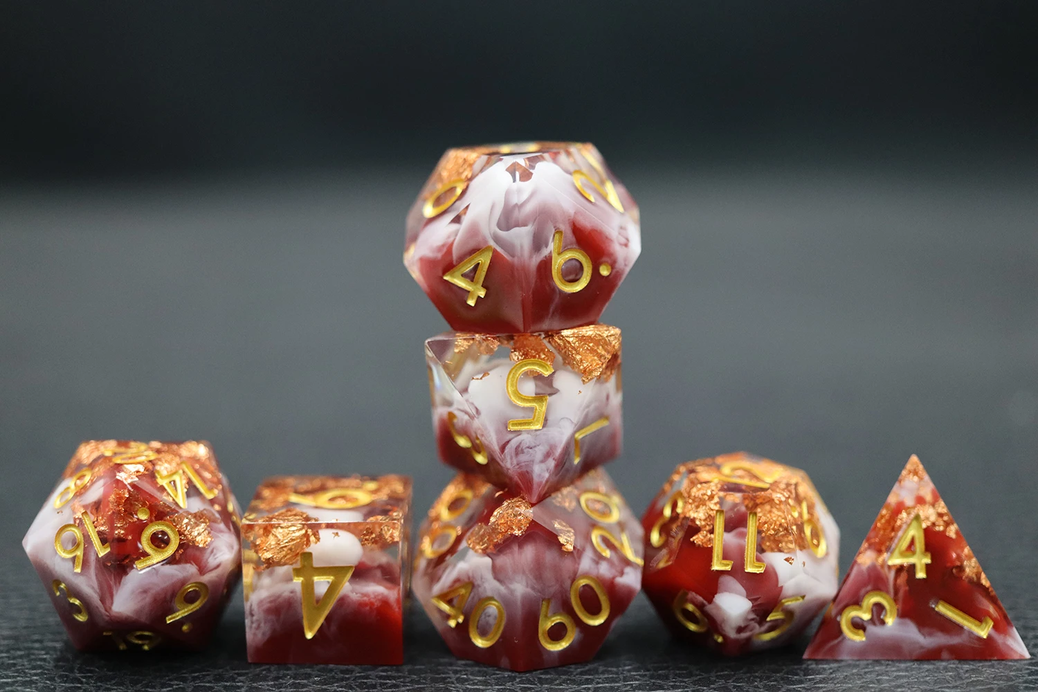Custom Color Polyhedral DND Dice Set Gilt Liquid Core with Gold Number Made From Gemstone and Resin details
