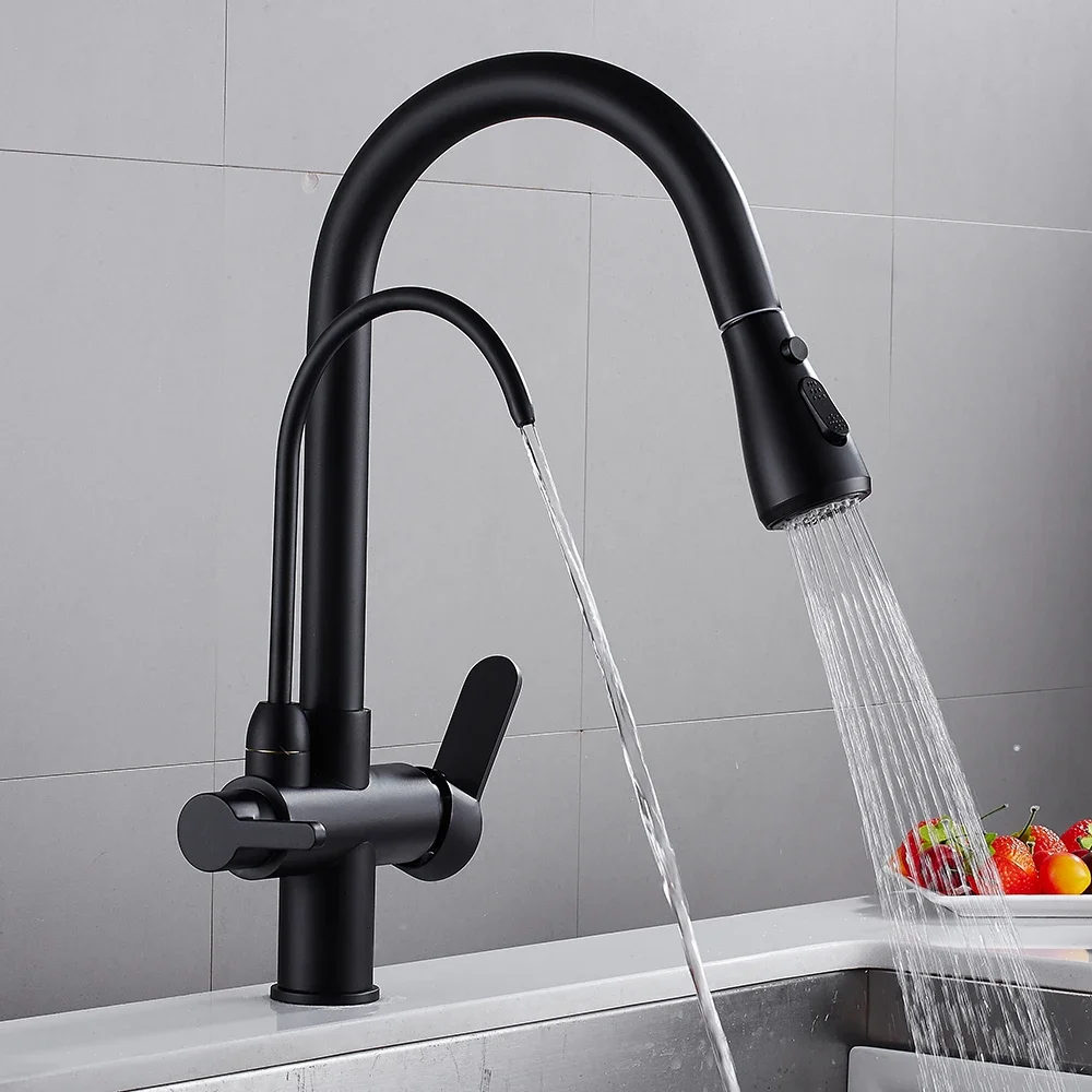 Water Filter Faucet Pull Out  3 Ways Filter Spray 1 Hole 2 Handle Kitchen Faucet Tap Mixer Matte Black