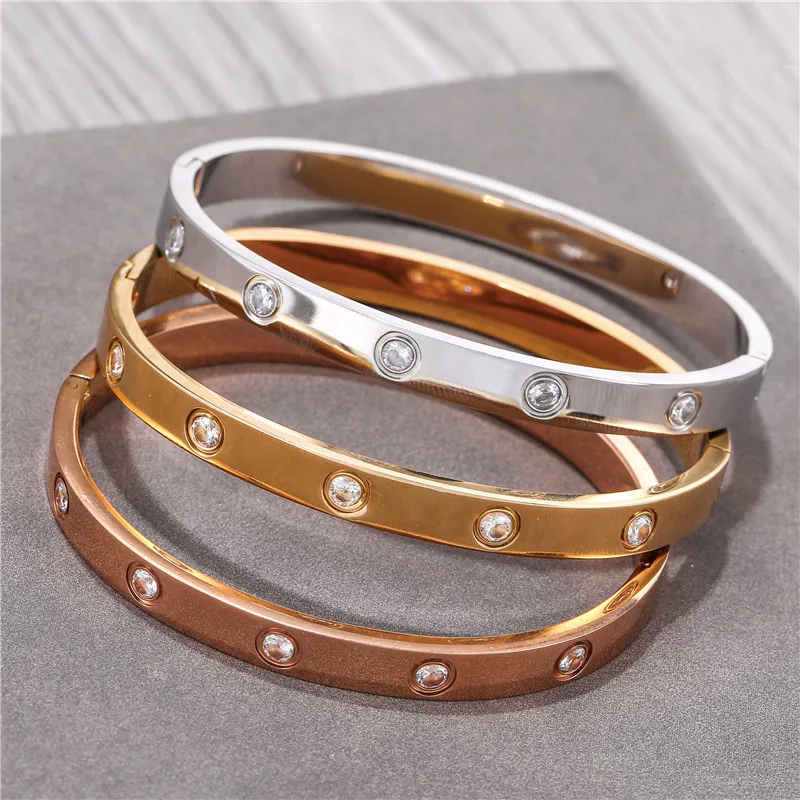 Gold Plated Paved Rhinestone Stainless Steel Bangle Bracelet Dainty Minimalist Jewelry for Men Gift Wholesale Supplies