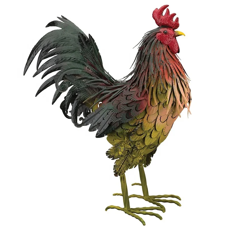 Metallic Rooster Statue Outdoor  Patio Deck Porch- Multicolor 21.5 Inches x 12 Inches x 26.25 Inches