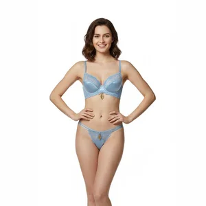 Top Panty Set with Dainty Gold Leaf Metallic Pendant Detail Intricate Scalloped Lace Sheer Women Lingerie for Sexy Underwear