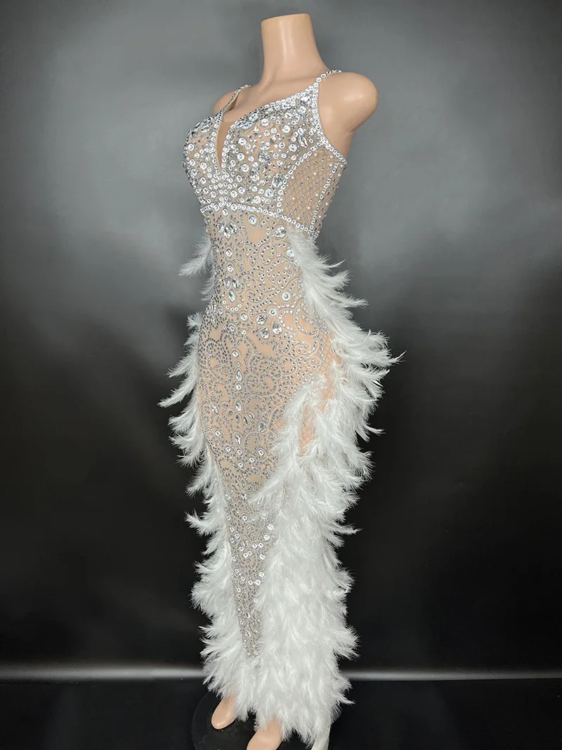 Hot Selling Evening Club Fashion Suspenders Sexy Dress Mesh See-through White Feather Birthday Party Club Dress