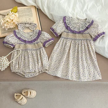 New summer baby romper smocking floral romper girls floral princess dress sisters outfit children's clothing