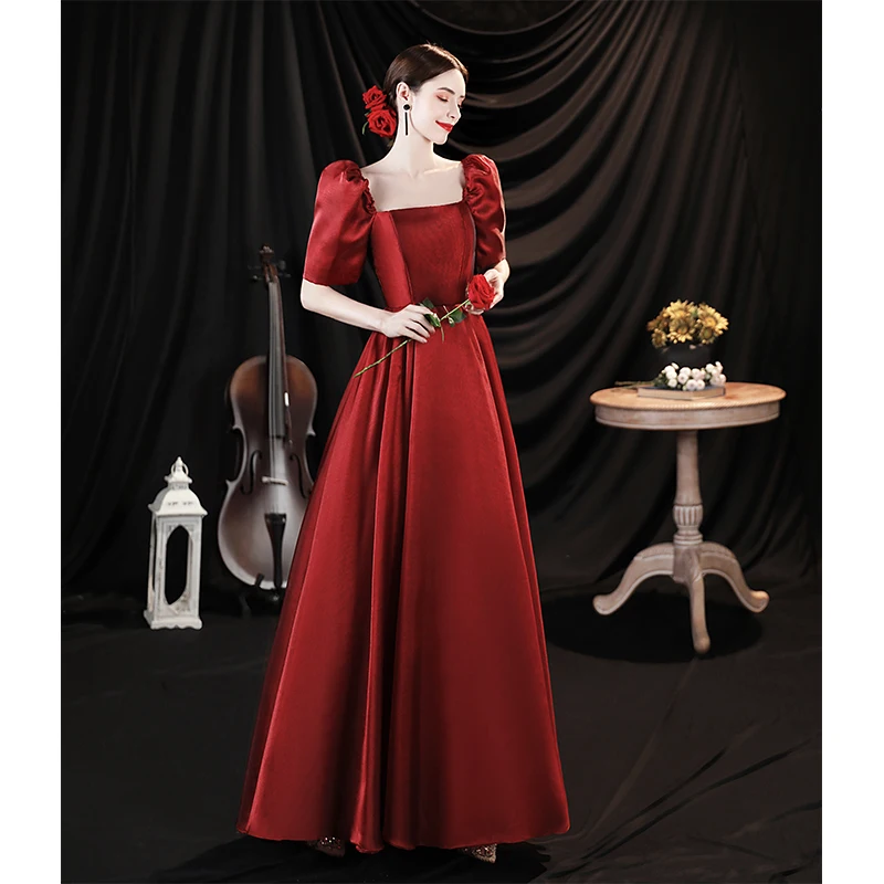 Wine Red Bridesmaid Dress Long Engagement Dress Temperament Slim Evening  Dress