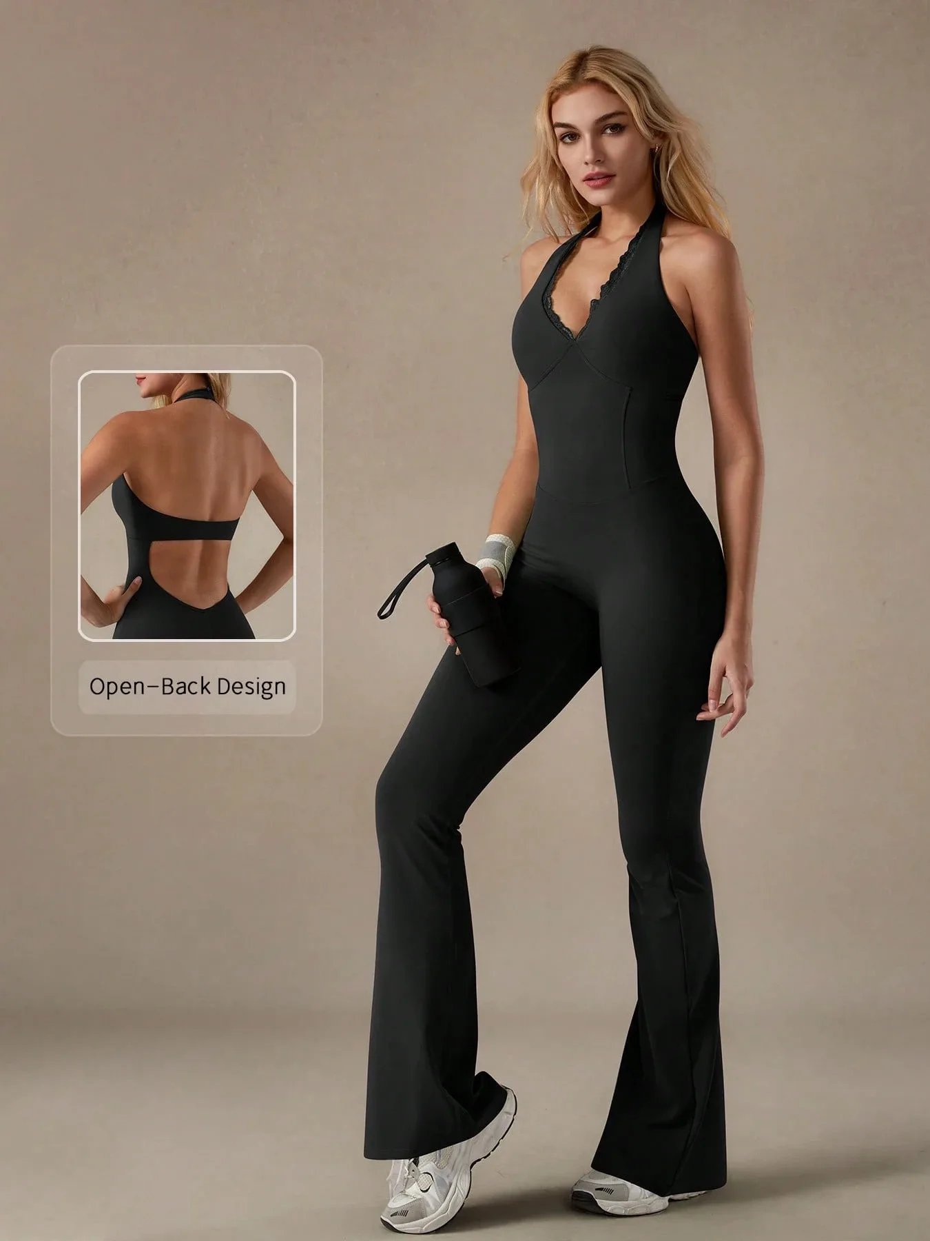 Wholesale Women's Yoga Flare Jumpsuit Chest Pad V-neck Backless Full-Length Lightweight Eco-Friendly Anti-Bacterial Anti-Wrinkle - Image 5