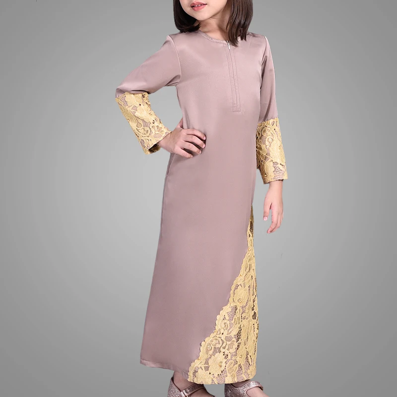 Wholesale Lace Applique Muslim Kids Abaya Newest Saudi Arabic Girls Dress High Quality Islamic Kaftans Jilbab Malaysia Clothing