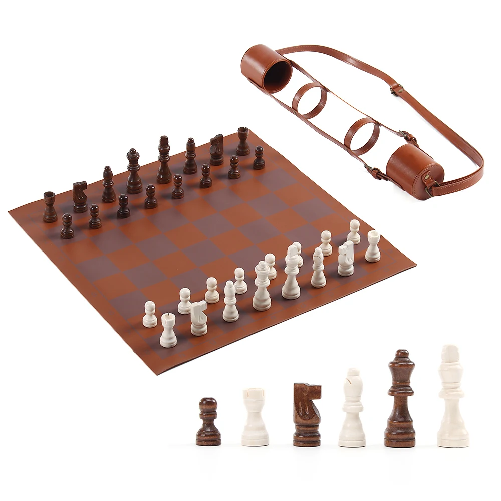 Custom Leather Tournament Chess Board Game Bag Professional Portable Luxury Travel Roll up Chess Set with Shoulder Strap