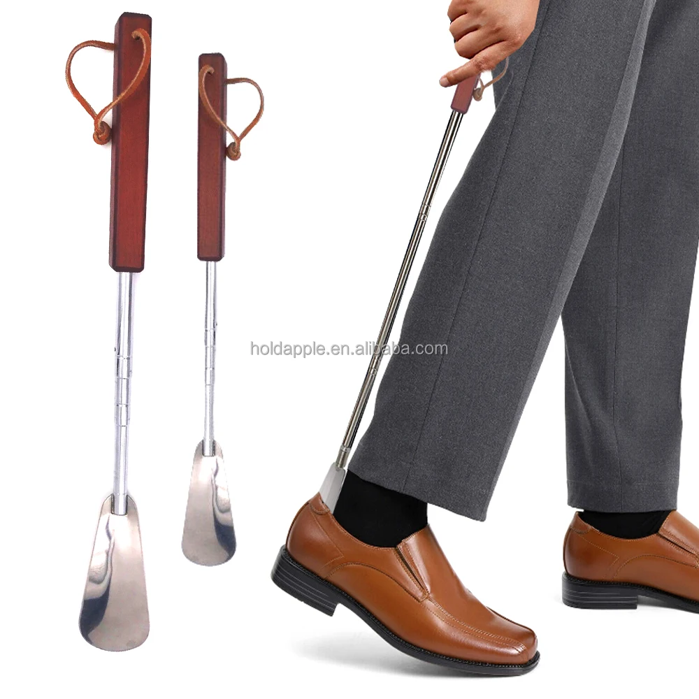 Metal Shoe Horn Long Handle Telescopic Stainless Steel Wood Leather