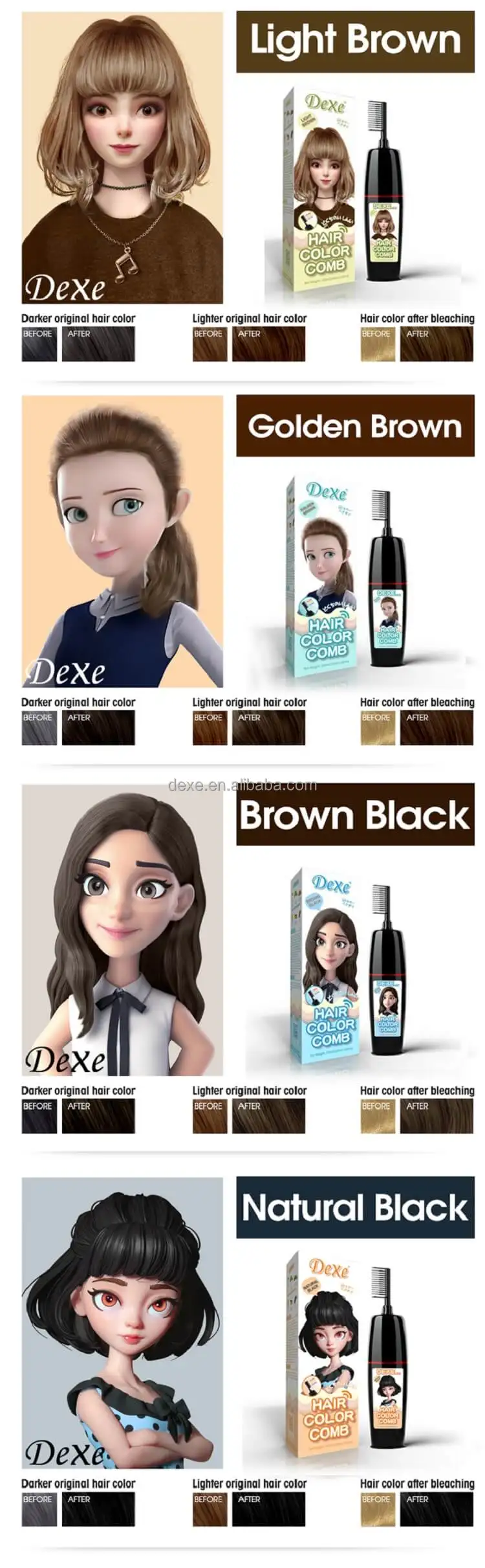 Dexe 180ml 200ml High Quality Private Label Natural Organic Hair Color Dye Shampoo Product Black Hair Color Magic with Combs