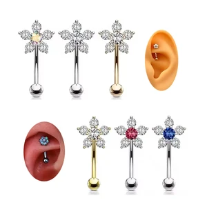 Gold Plated Crystal Heart Eyebrow Earring Sexy Body Jewelry Stainless Steel Flower Rook Piercing Helix Tragus Cartilage Earring