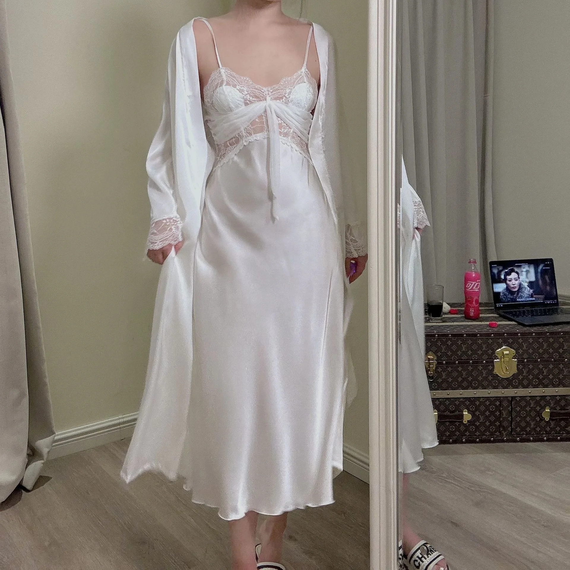 Silk Ladies Long Nightgowns French Style Vintage Satin Pijama