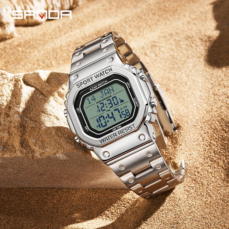 SANDA 2172 Digital Azan Prayer Watch - Waterproof Stainless Steel