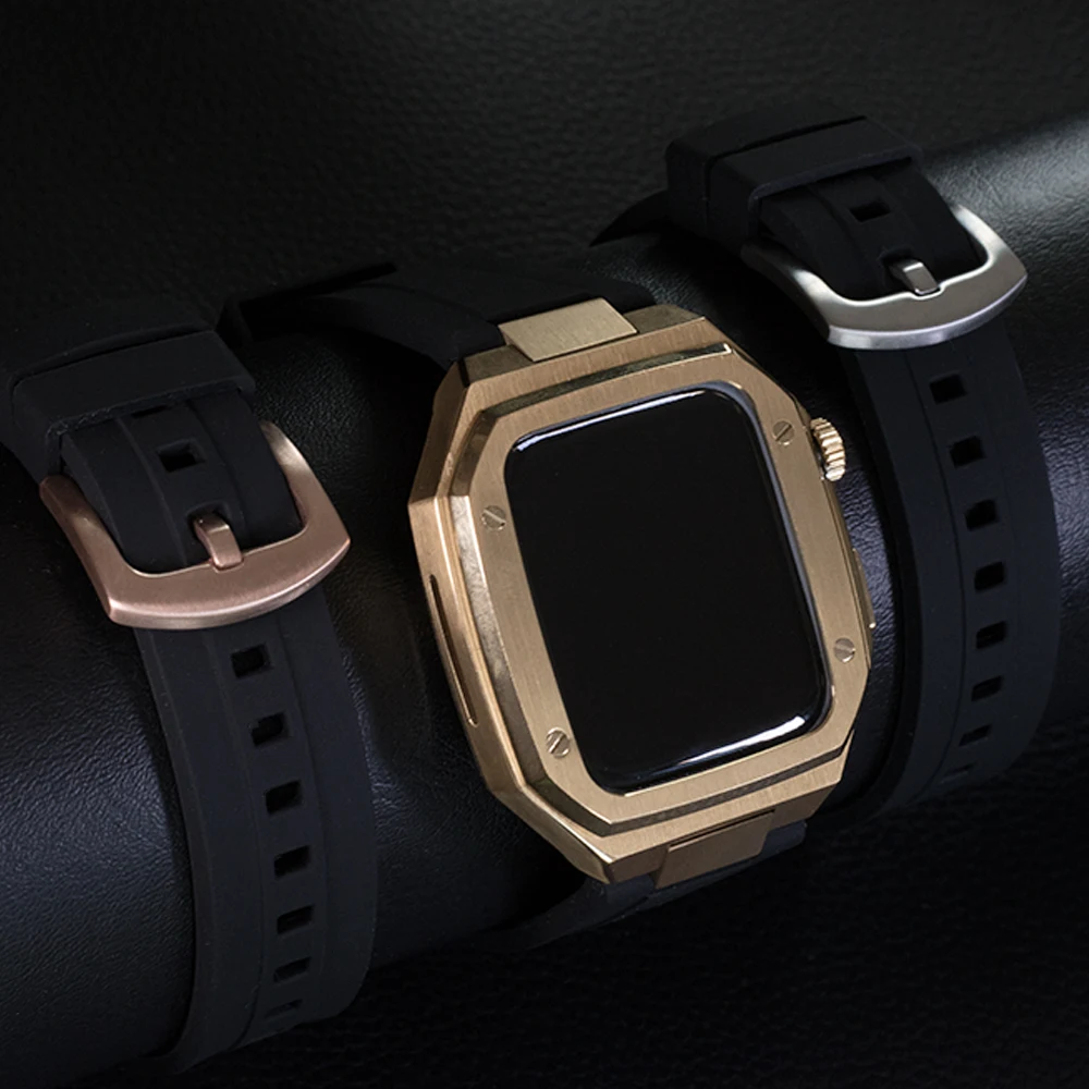 Modification Kit Metal case Watch Strap for Apple Watch Band 44mm Series7 6 45mm Stainless Steel Protective Rubber Watch Straps