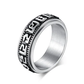 RFJEWEL Retro Sanskrit Buddhist Scriptures Mantra Stainless steel Silver Plated Rotate Relieve Stress Ring