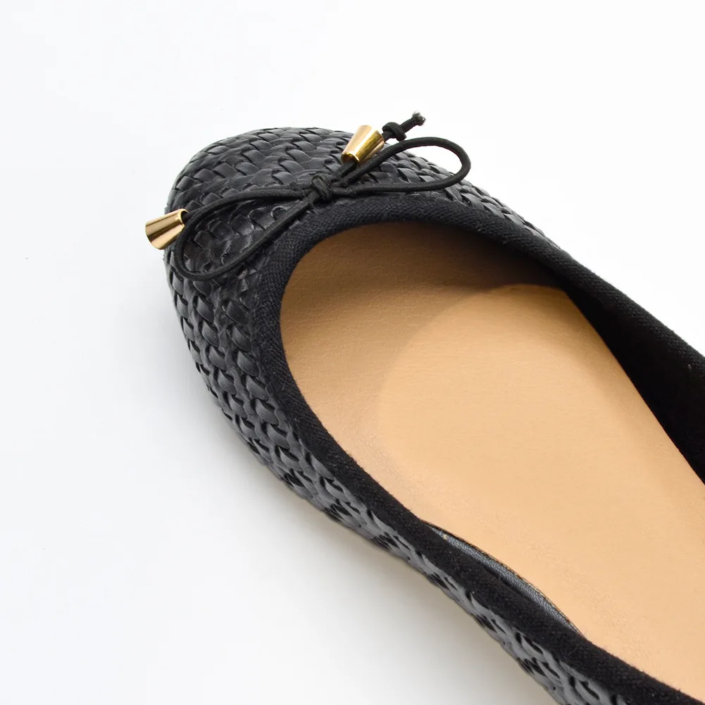 New Styles Soft Insole Weave Pattern Doll Bow Beautiful Ladies Dress Pumps Shoes Women Ballerina Flat Shoes for Wedding