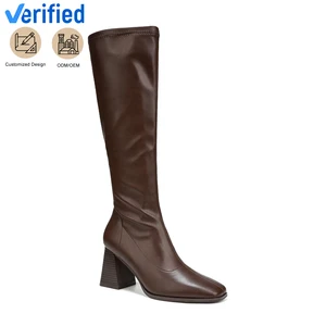 Women's Trendy Black PU Knee-High Square-Toe Block Heel Boots Light Western Style Fall Winter Footwear Height Increasing Autumn