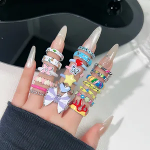 Rainbow Color Drop Glaze Womens Fashion Niche Design Alloy Ring Sweet Cool Enamel All Match Simple Trendy Style for Students