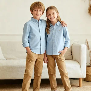 Small Bulk Order Linen Cotton Child Shirt Neutral Color Boy's Top Button Down Shirts Pants Vintage Toddler Front Button T-shirt