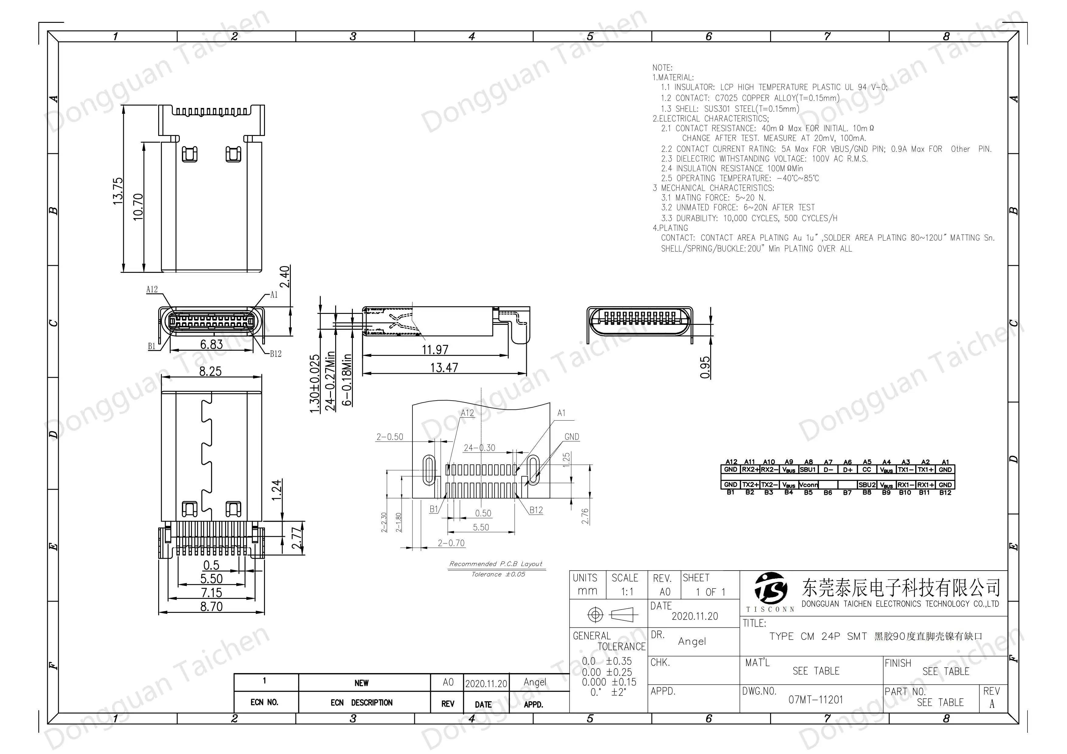 24pin Usb Connector Type Ctype Male Dip+smt 90 Degree Front And Rear C