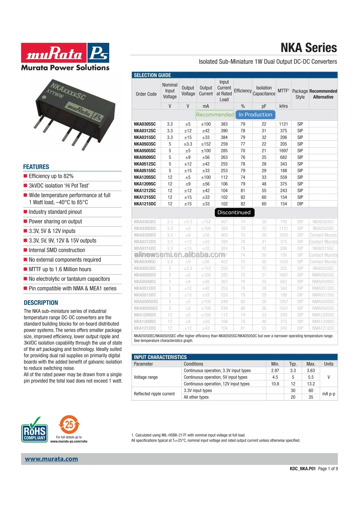 Hot sale Original NKA0509SC DC CONVERTER +/-9V 1W Isolated Module DC DC Converter 2 Output 56mA 4.5V - 5.5V Input