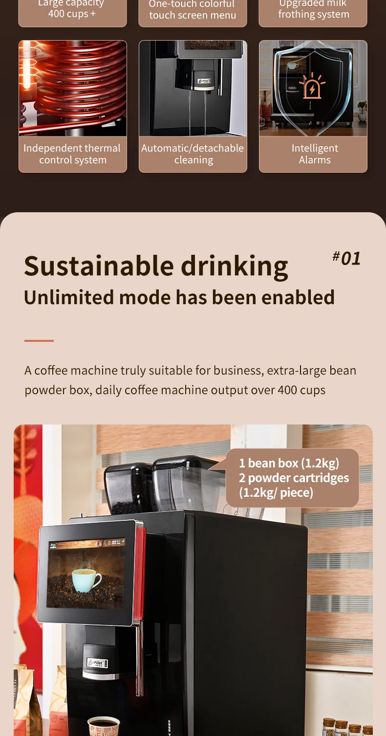 Pilot With 24g Brewer Capacity Expresso Coffee Machine Big Touch Screen Fully Automatic Coffee Machine With Fresh Milk details