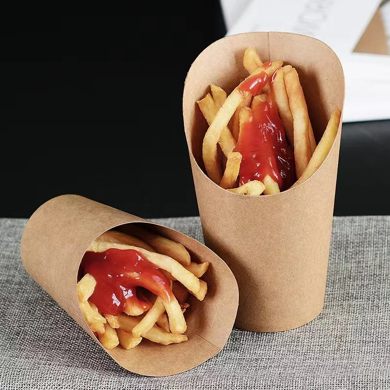 Custom Printed Food Grade Biodegradable Kraft Waffle Holder Cup Takeaway Disposable Paper French Fry Cups factory