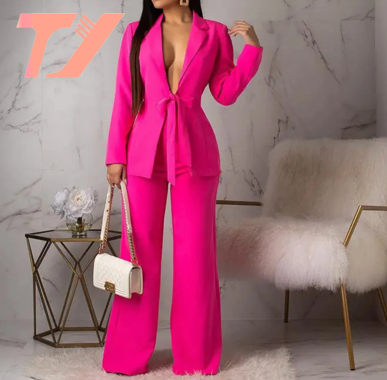 TUOYI Pure Color Loose Waistband Two Piece Set Women'S Office Formal  Coat
