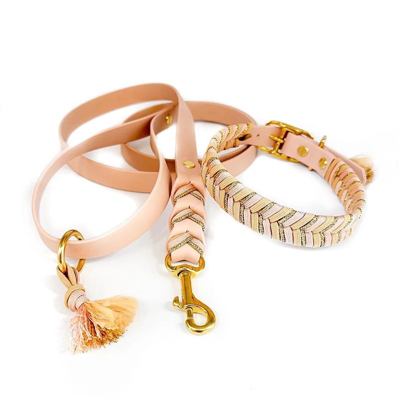 Premium Leather Pet Collar and Leash - Soft, Strong Braided Rope (Honey orange - Size M)