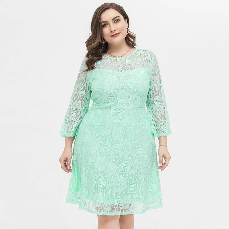 Womens Mint Green Fresh And Elegant Loose Plus Size Casual Lace Dress