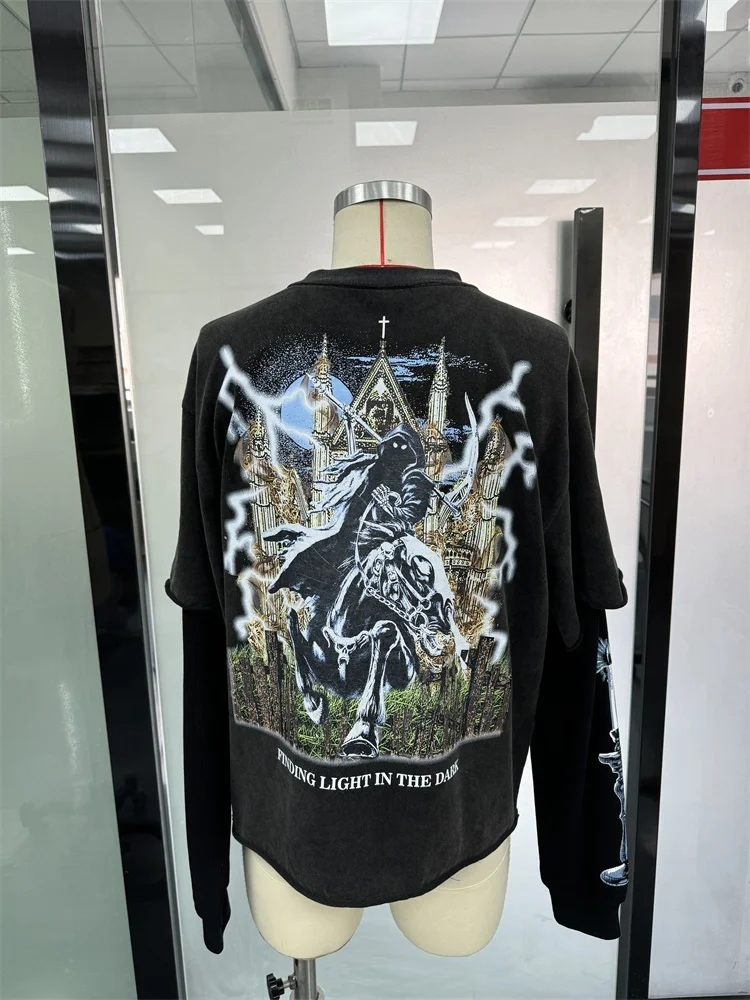 Salati T Shirt Manufacturer Cotton 300GSM Screen Print Raw Hem Stone Acid Wash Thermal Double Layer Long Sleeve T-shirts for Men gallery 3