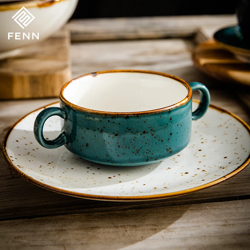 FENN High Quality Europe Soup Porridge Bowl Hotel Catering UsedSpeckled Blue Color Ceramic Soup Bowl With Two Handle