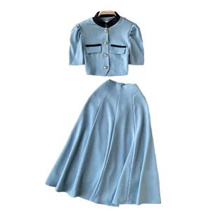 Roman Women's 2-Piece Set O-Neck Puff Sleeve Crop Top High Waist Woven Skirt Solid Pattern Worested Fabric Short Tops Wholesale