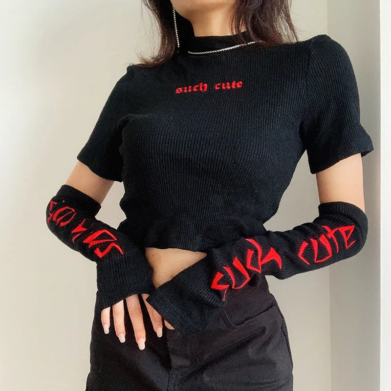 Sleeve Sexy Embroidery Ltter Crop Top 