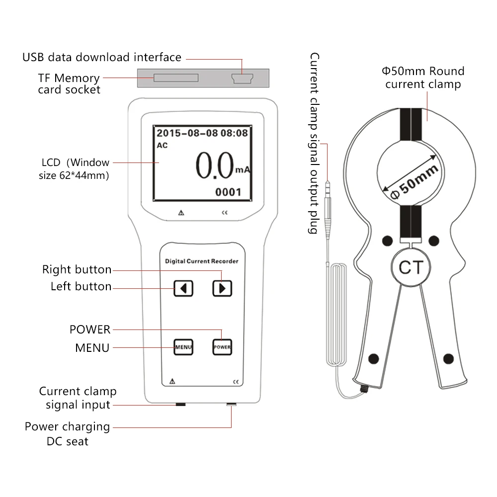 ES5000 Ac Current Measurement Record Online Monitoring Record Line Maintenance  Digital Clamp Meter 200A Current Data Logger