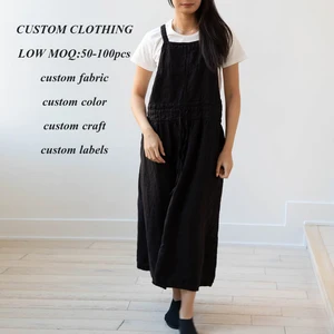 Factory New Design Custom logo Printing Casual Apron Dresses Women Loose Fit Solid Color Black Linen Cotton Dress